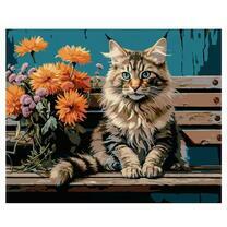 Пушистый котик на лавочке с букетом полевых цветов