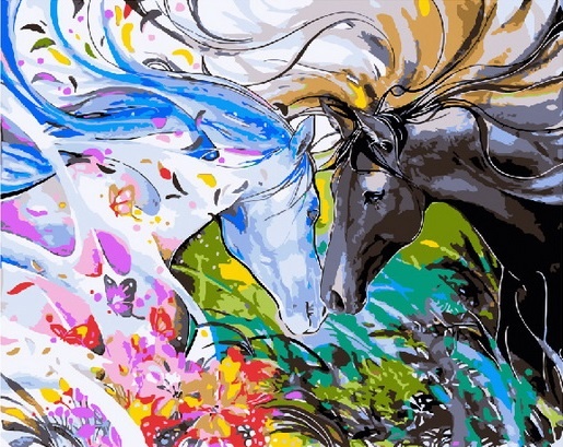 Картина по номерам 40x50 Две лошади, цветы и бабочки