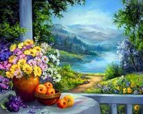 Букет цветов в вазе и вид на горы