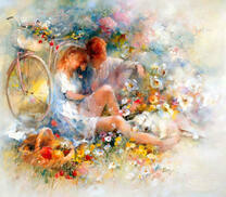 Влюбленные на привале среди цветов