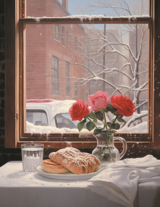 Алмазная мозаика 40x50 Красные розы и хлеб на столе