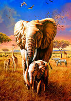 Слоны, жирафы и зебры в саванне