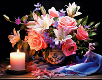 Шикарный букет и свеча на столе