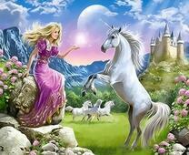 Девушка и единорог на фоне замка